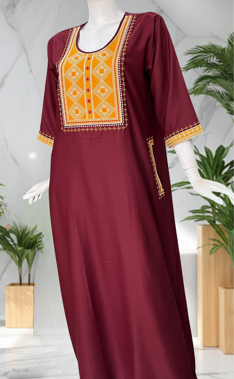 Maroon Embroidery Spun Long Sleeves Nighty. Flowy Spun Fabric | Laces and Frills
