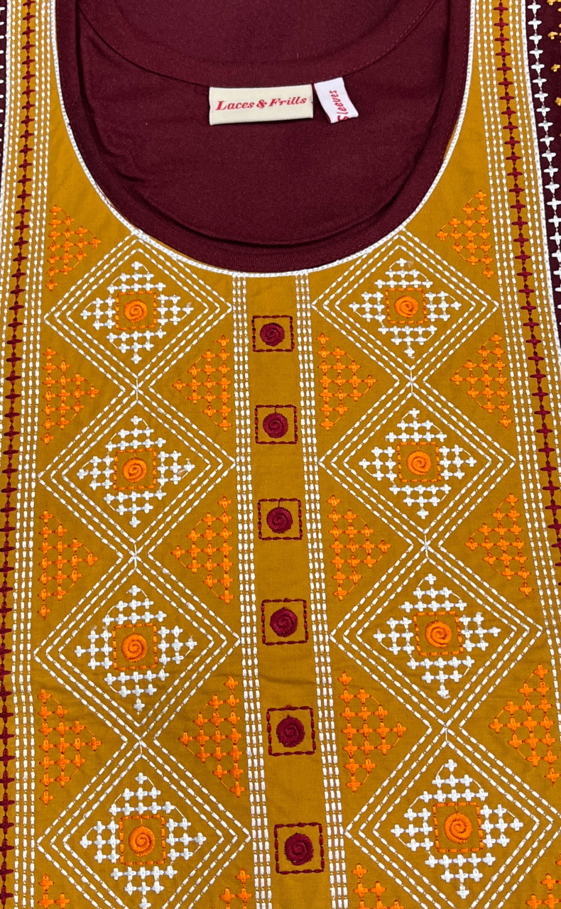 Maroon Embroidery Spun Long Sleeves Nighty. Flowy Spun Fabric | Laces and Frills