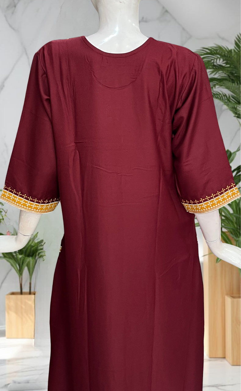 Maroon Embroidery Spun Long Sleeves Nighty. Flowy Spun Fabric | Laces and Frills