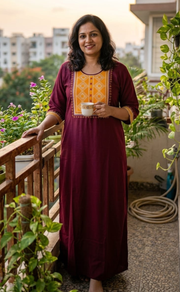 Maroon Embroidery Spun Long Sleeves Nighty. Flowy Spun Fabric | Laces and Frills - Laces and Frills