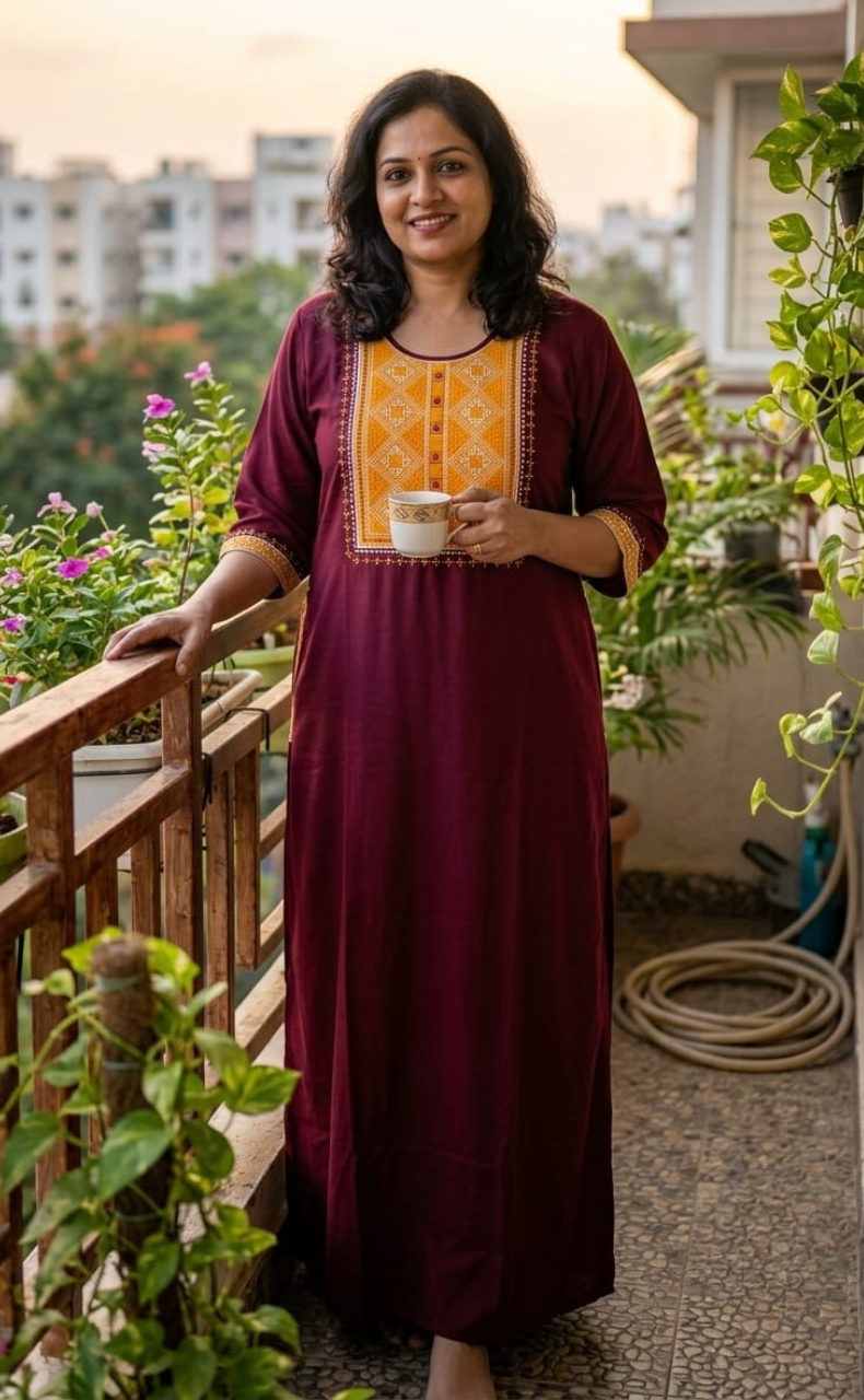 Maroon Embroidery Spun Long Sleeves Nighty. Flowy Spun Fabric | Laces and Frills - Laces and Frills