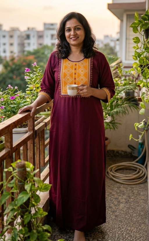 Maroon Embroidery Spun Long Sleeves Nighty. Flowy Spun Fabric | Laces and Frills - Laces and Frills