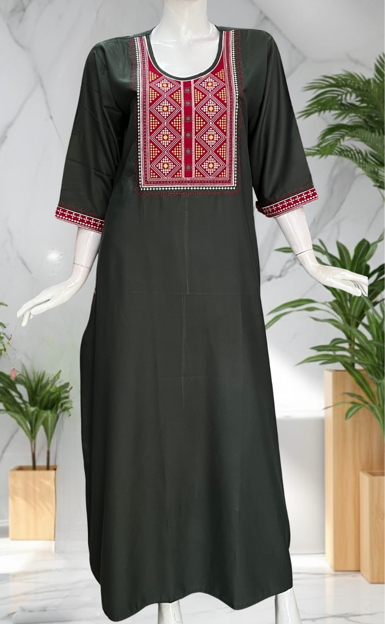 Green Embroidery Spun Long Sleeves Nighty. Flowy Spun Fabric | Laces and Frills