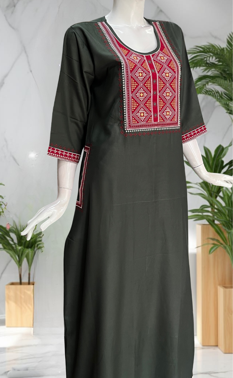 Green Embroidery Spun Long Sleeves Nighty. Flowy Spun Fabric | Laces and Frills