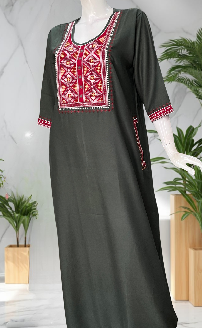 Green Embroidery Spun Long Sleeves Nighty. Flowy Spun Fabric | Laces and Frills