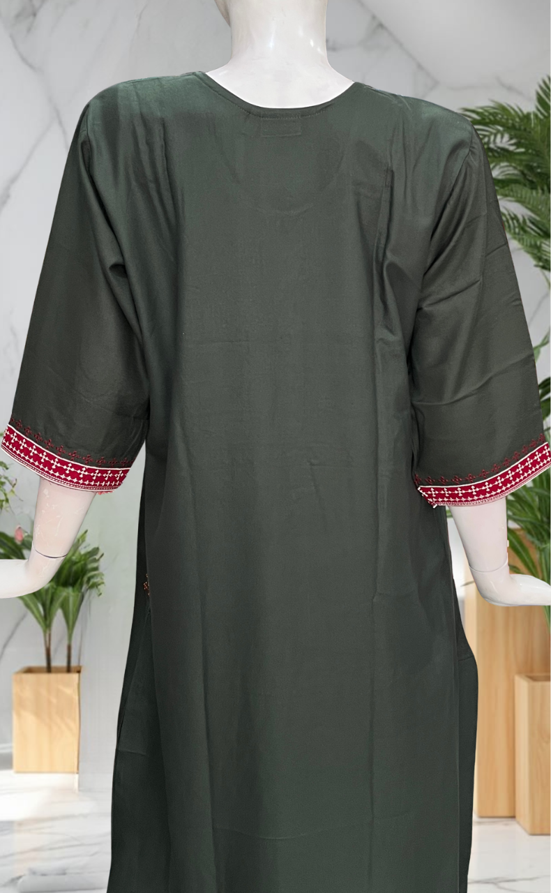 Green Embroidery Spun Long Sleeves Nighty. Flowy Spun Fabric | Laces and Frills