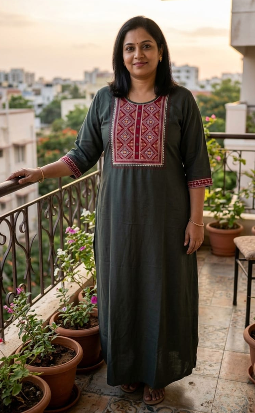 Green Embroidery Spun Long Sleeves Nighty. Flowy Spun Fabric | Laces and Frills - Laces and Frills