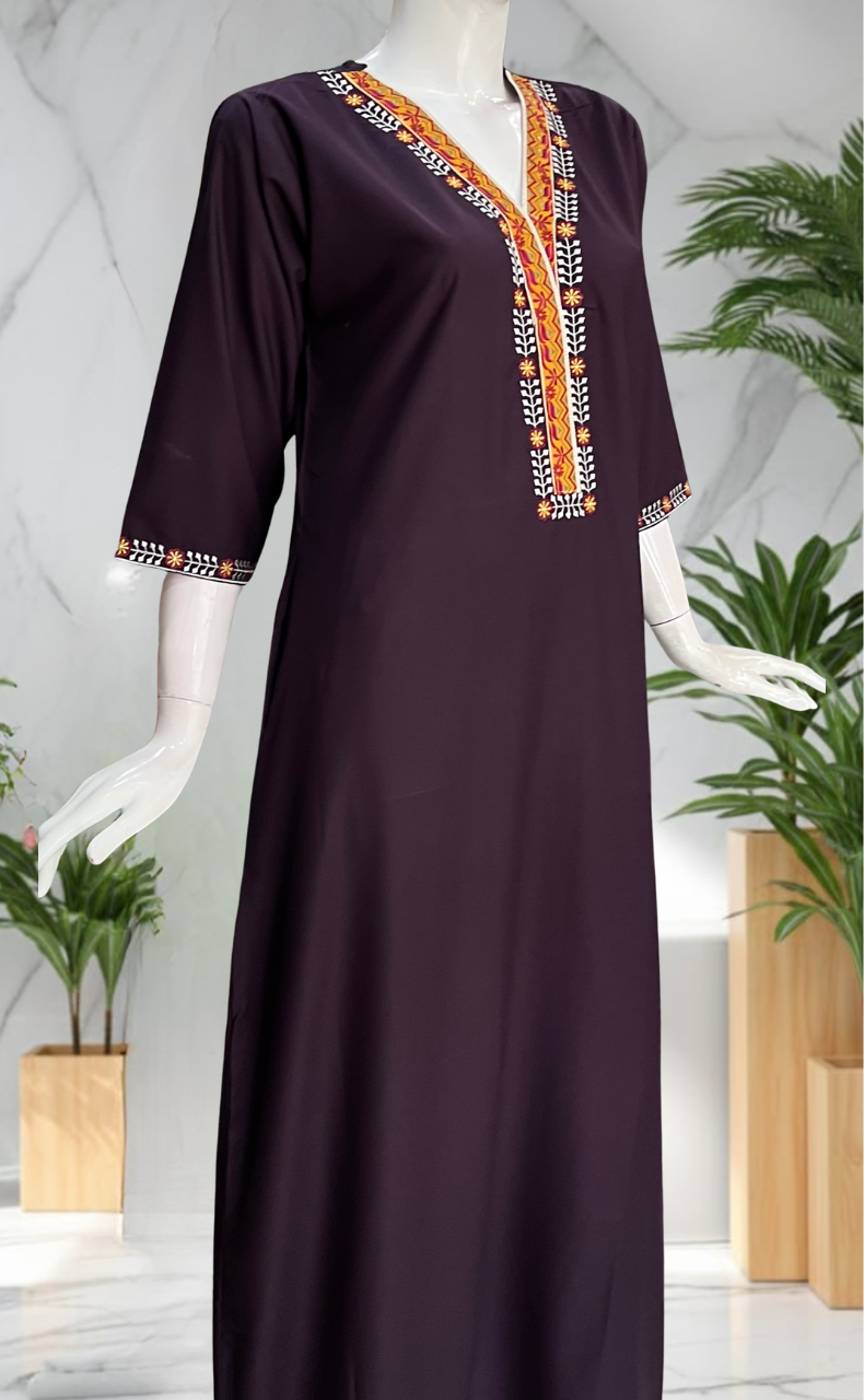 Violet Zeenet Embroidery Soft Cotton Long Sleeve Nighty. Soft Breathable Fabric | Laces and Frills