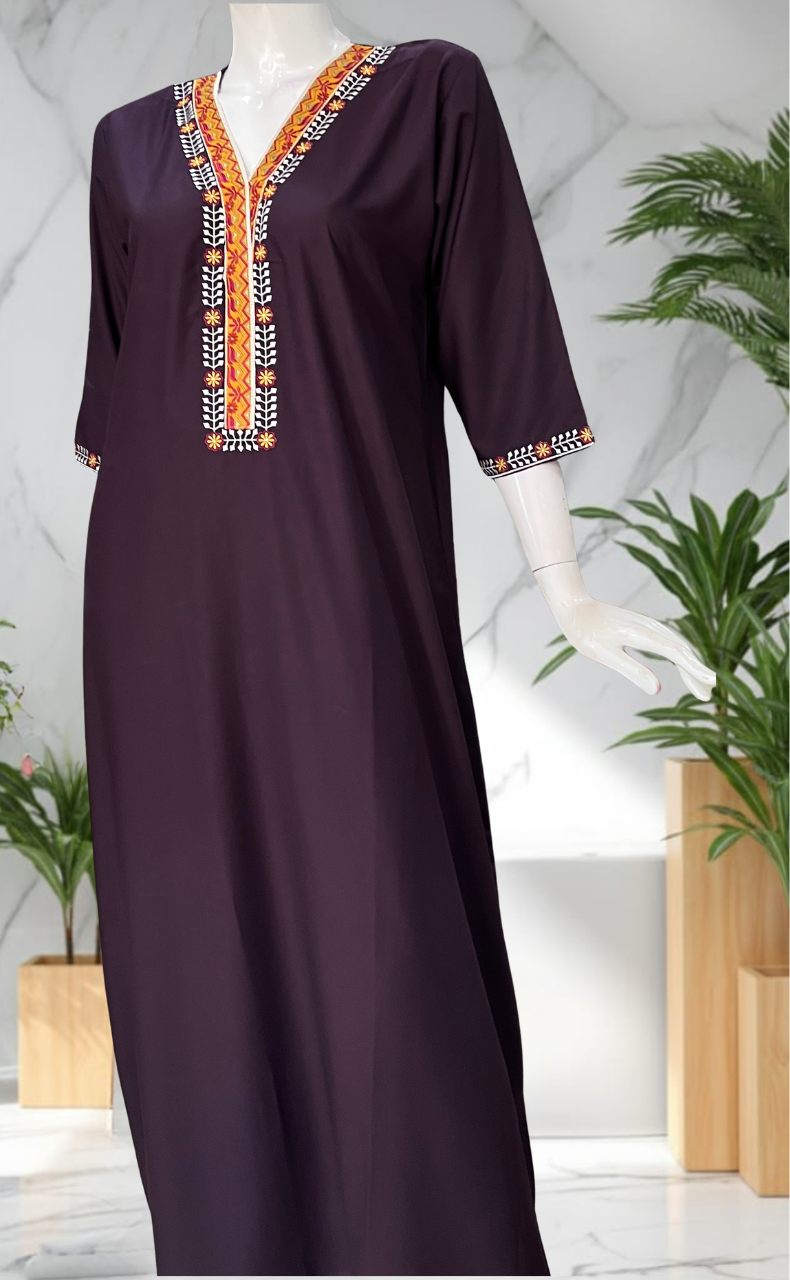 Violet Zeenet Embroidery Soft Cotton Long Sleeve Nighty. Soft Breathable Fabric | Laces and Frills