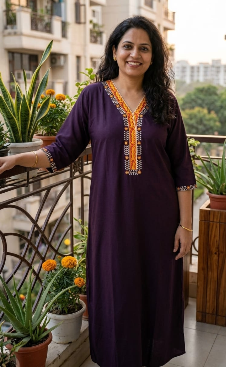 Violet Zeenet Embroidery Soft Cotton Long Sleeve Nighty. Soft Breathable Fabric | Laces and Frills - Laces and Frills