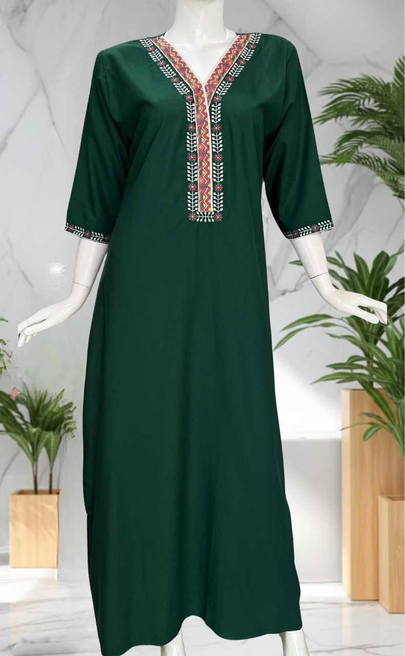 Green Zeenet Embroidery Soft Cotton Long Sleeve Nighty. Soft Breathable Fabric | Laces and Frills
