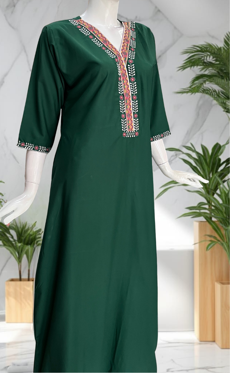 Green Zeenet Embroidery Soft Cotton Long Sleeve Nighty. Soft Breathable Fabric | Laces and Frills