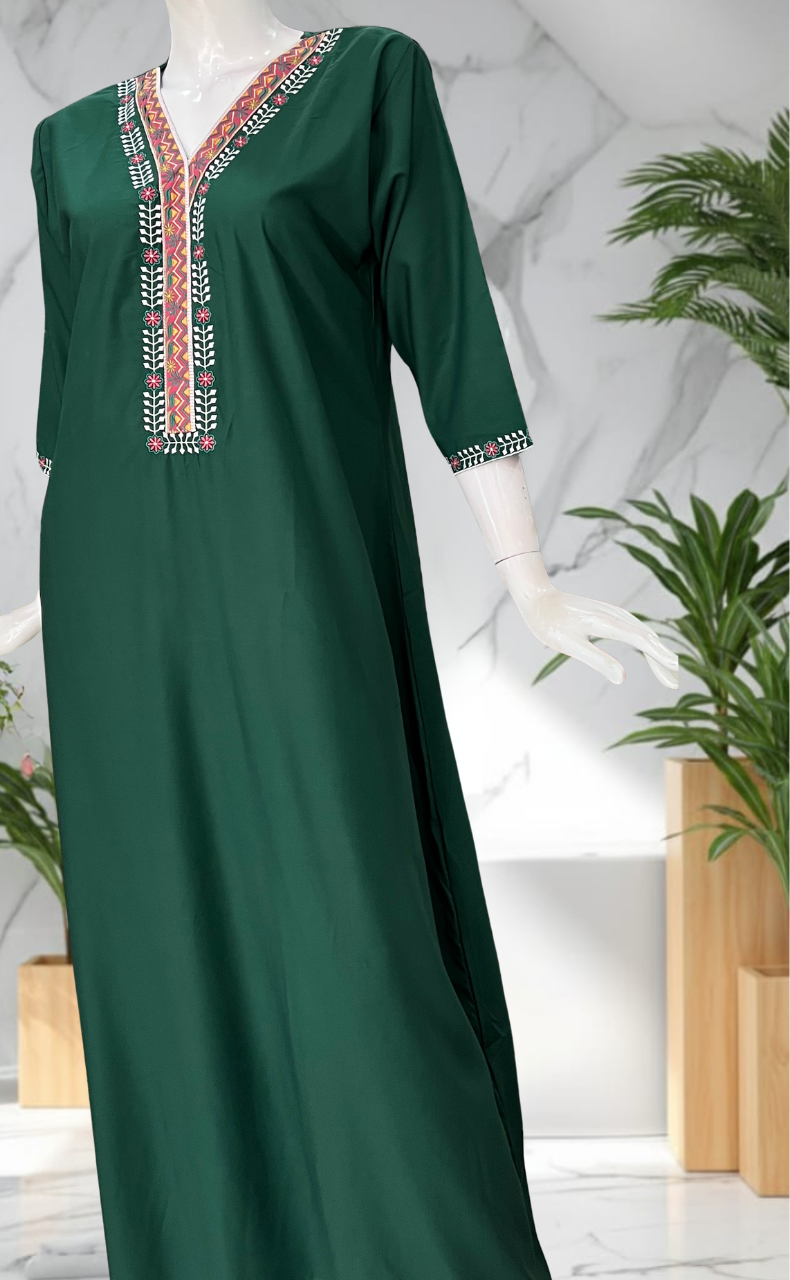 Green Zeenet Embroidery Soft Cotton Long Sleeve Nighty. Soft Breathable Fabric | Laces and Frills
