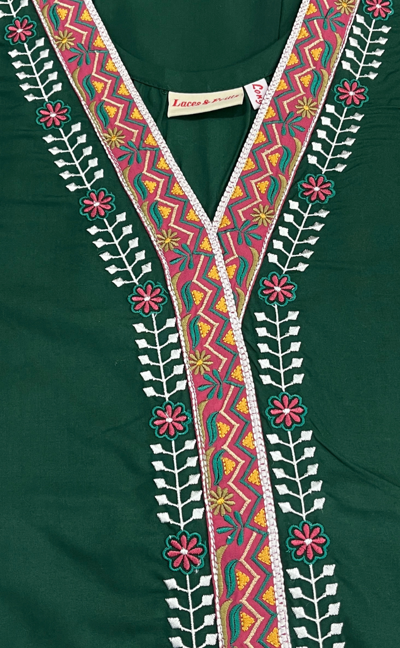 Green Zeenet Embroidery Soft Cotton Long Sleeve Nighty. Soft Breathable Fabric | Laces and Frills