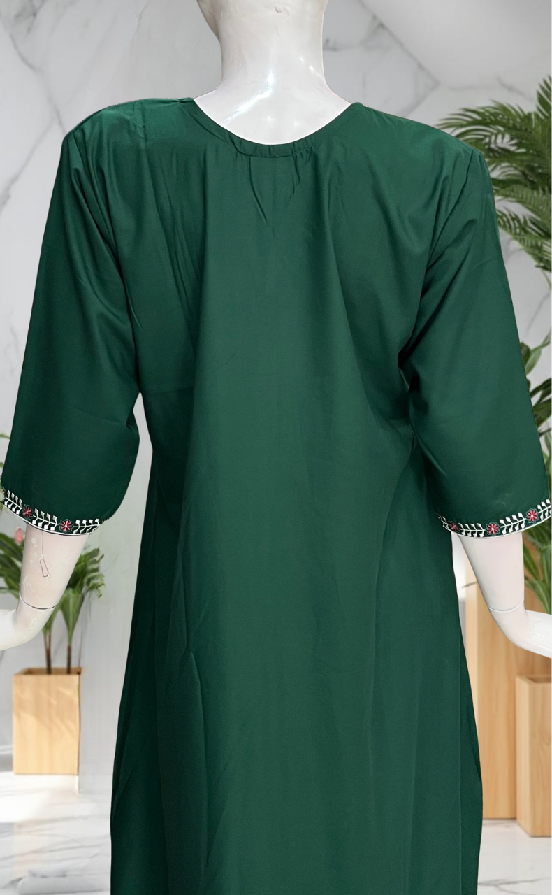 Green Zeenet Embroidery Soft Cotton Long Sleeve Nighty. Soft Breathable Fabric | Laces and Frills