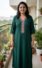 Green Zeenet Embroidery Soft Cotton Long Sleeve Nighty. Soft Breathable Fabric | Laces and Frills - Laces and Frills