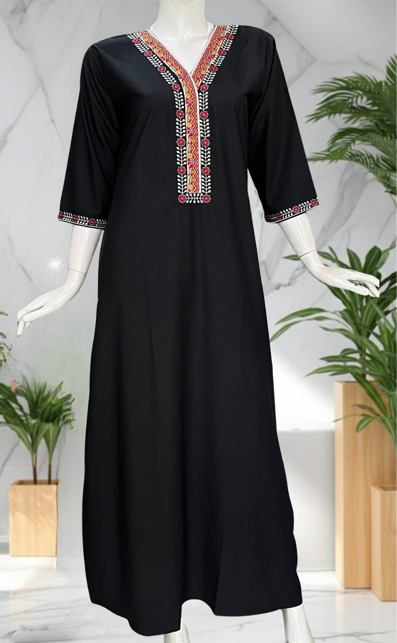 Black Zeenet Embroidery Soft Cotton Long Sleeve Nighty. Soft Breathable Fabric | Laces and Frills