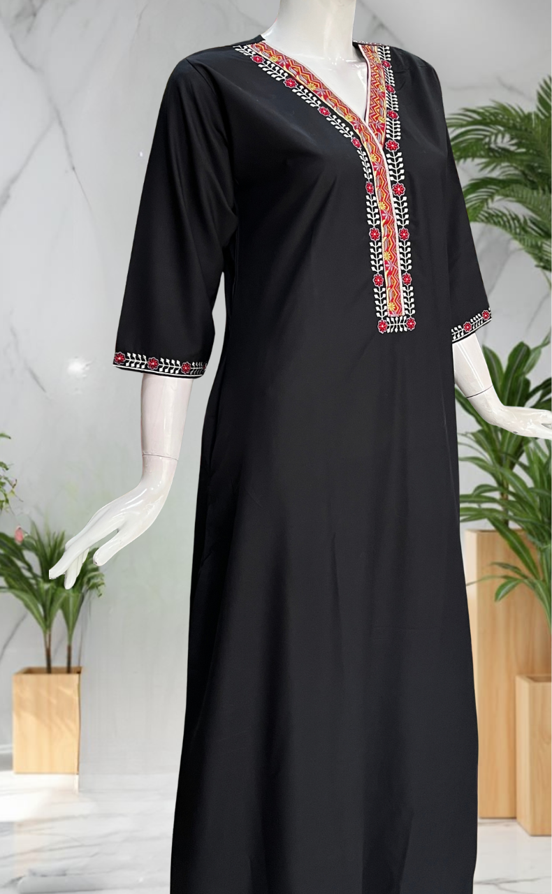 Black Zeenet Embroidery Soft Cotton Long Sleeve Nighty. Soft Breathable Fabric | Laces and Frills