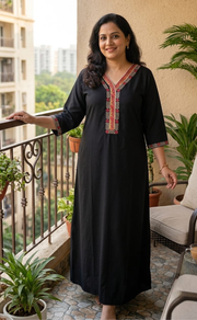 Black Zeenet Embroidery Soft Cotton Long Sleeve Nighty. Soft Breathable Fabric | Laces and Frills - Laces and Frills