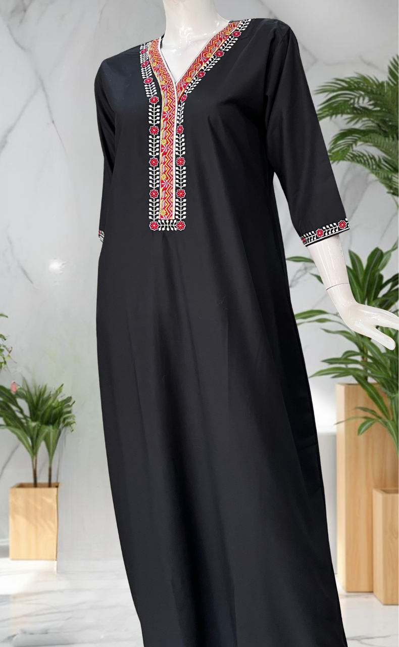 Black Zeenet Embroidery Soft Cotton Long Sleeve Nighty. Soft Breathable Fabric | Laces and Frills