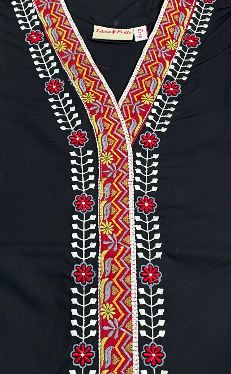 Black Zeenet Embroidery Soft Cotton Long Sleeve Nighty. Soft Breathable Fabric | Laces and Frills