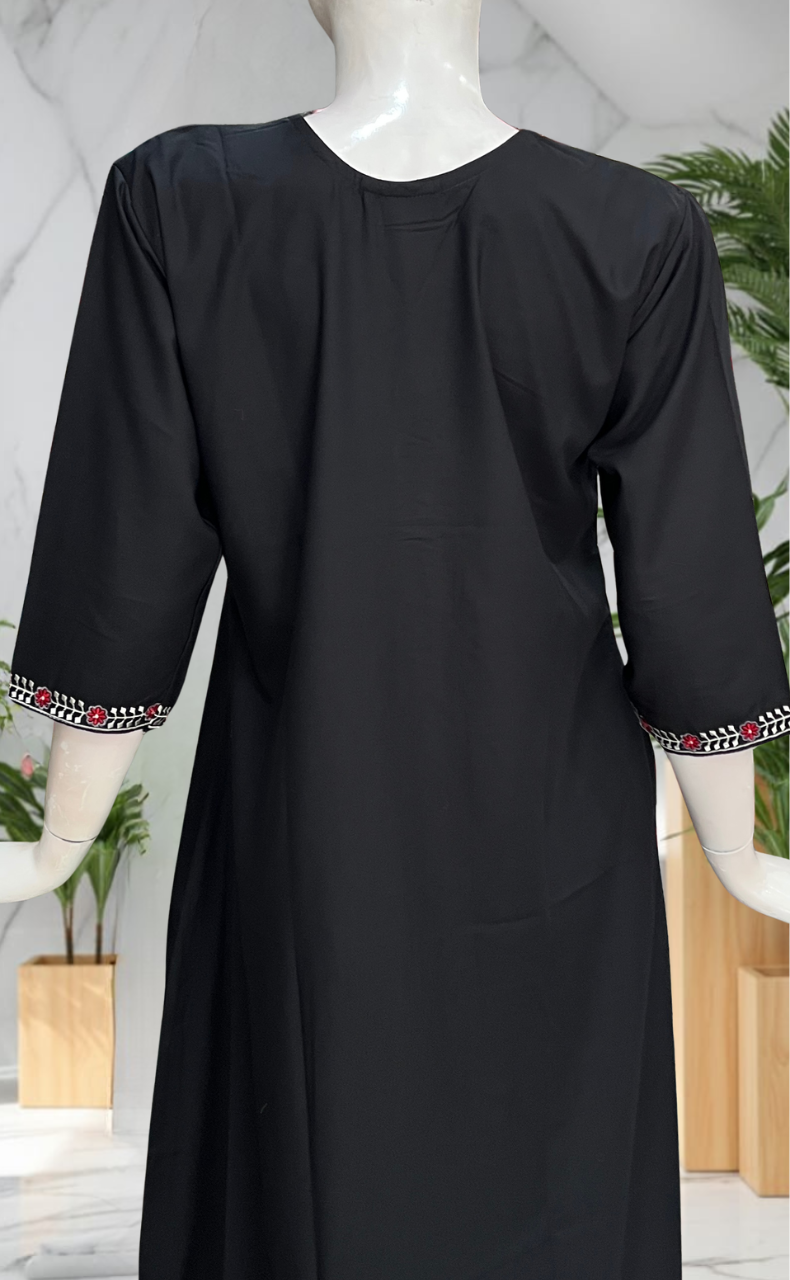 Black Zeenet Embroidery Soft Cotton Long Sleeve Nighty. Soft Breathable Fabric | Laces and Frills