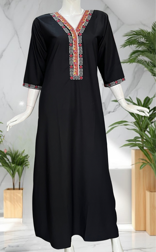 Black Zeenet Embroidery Soft Cotton Long Sleeve Nighty. Soft Breathable Fabric | Laces and Frills - Laces and Frills