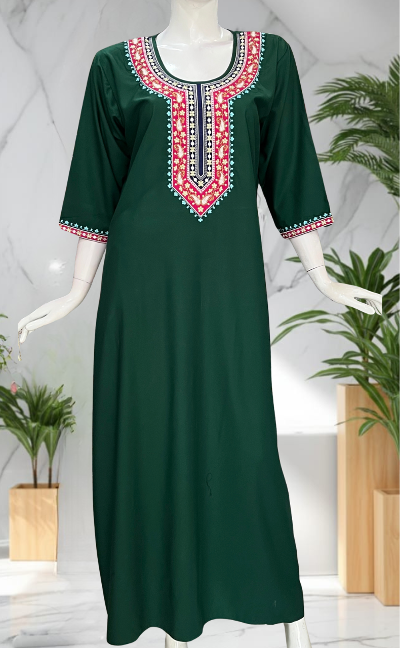 Green Embroidery Soft Cotton Long Sleeve Nighty. Soft Breathable Fabric | Laces and Frills
