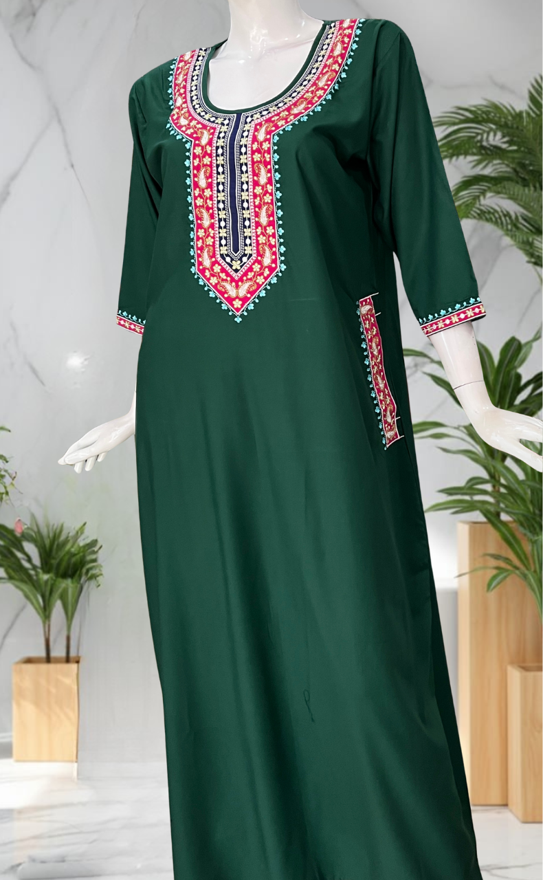 Green Embroidery Soft Cotton Long Sleeve Nighty. Soft Breathable Fabric | Laces and Frills
