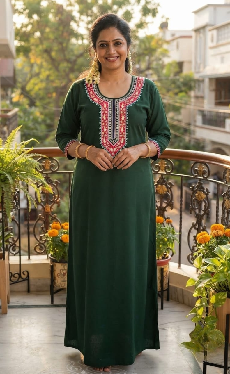 Green Embroidery Soft Cotton Long Sleeve Nighty. Soft Breathable Fabric | Laces and Frills - Laces and Frills