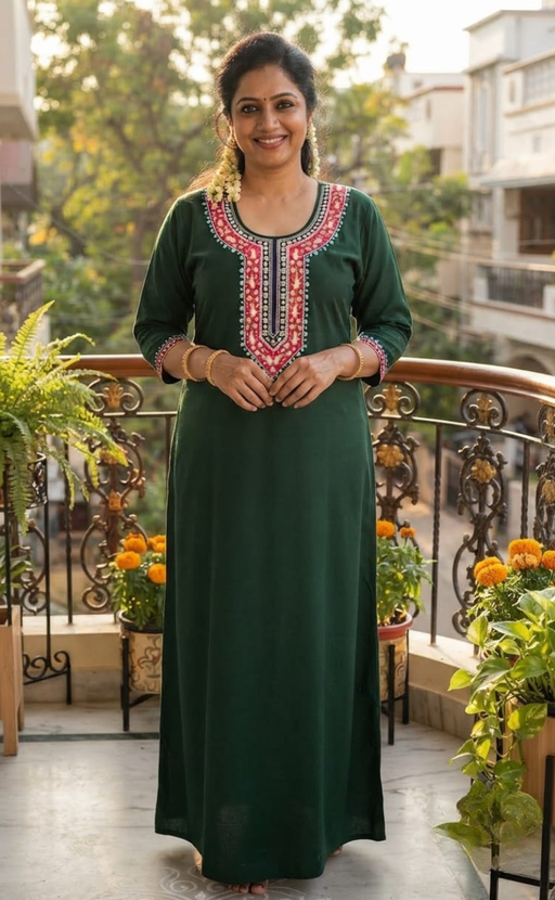 Green Embroidery Soft Cotton Long Sleeve Nighty. Soft Breathable Fabric | Laces and Frills - Laces and Frills