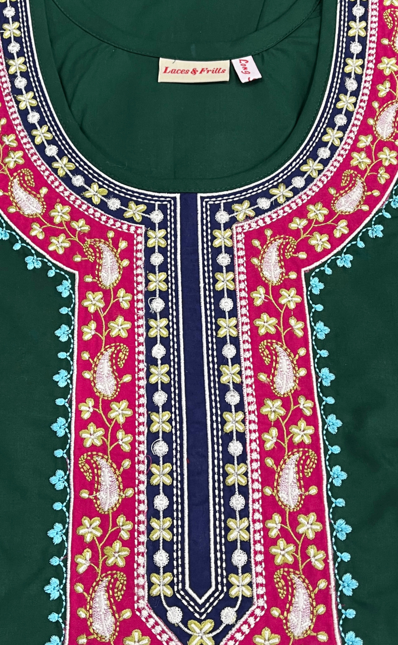 Green Embroidery Soft Cotton Long Sleeve Nighty. Soft Breathable Fabric | Laces and Frills