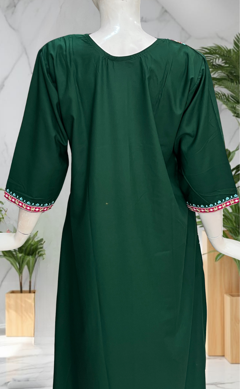 Green Embroidery Soft Cotton Long Sleeve Nighty. Soft Breathable Fabric | Laces and Frills