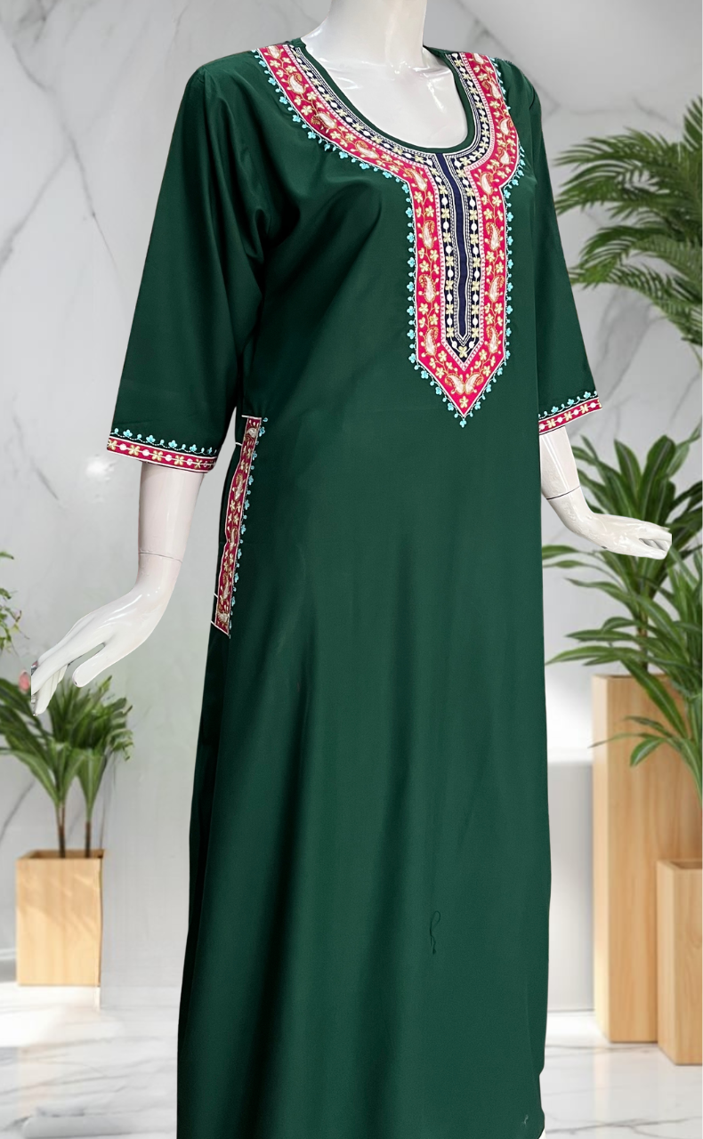 Green Embroidery Soft Cotton Long Sleeve Nighty. Soft Breathable Fabric | Laces and Frills