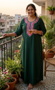Green Embroidery Soft Cotton Long Sleeve Nighty. Soft Breathable Fabric | Laces and Frills - Laces and Frills