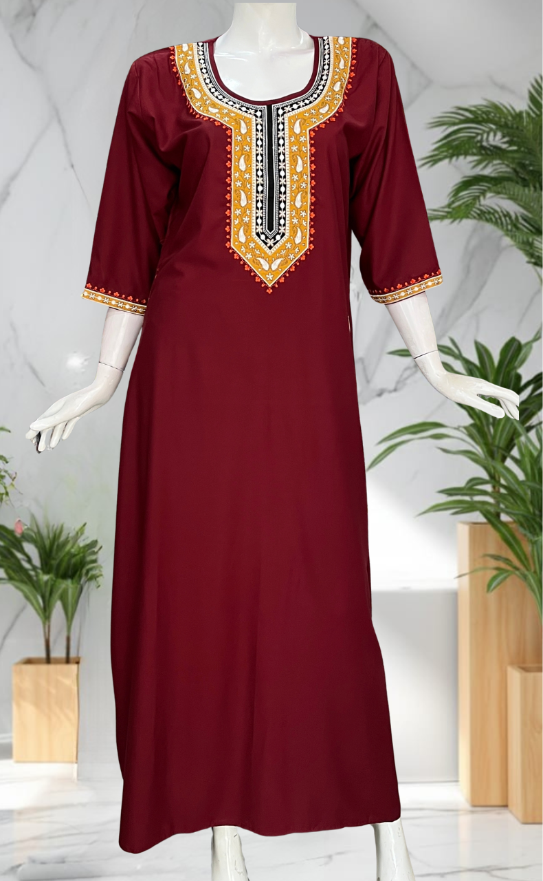 Maroon Embroidery Soft Cotton Long Sleeve Nighty. Soft Breathable Fabric | Laces and Frills