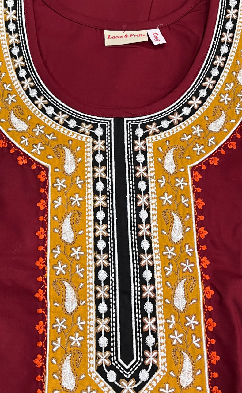 Maroon Embroidery Soft Cotton Long Sleeve Nighty. Soft Breathable Fabric | Laces and Frills
