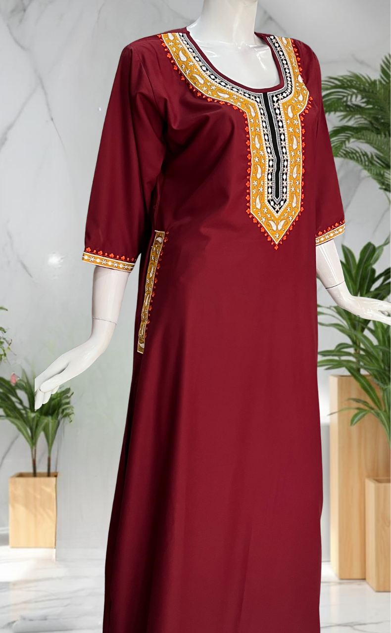 Maroon Embroidery Soft Cotton Long Sleeve Nighty. Soft Breathable Fabric | Laces and Frills
