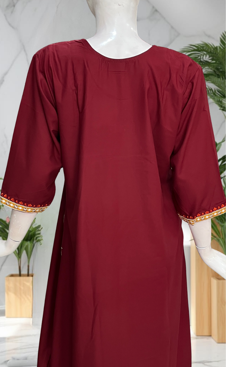 Maroon Embroidery Soft Cotton Long Sleeve Nighty. Soft Breathable Fabric | Laces and Frills