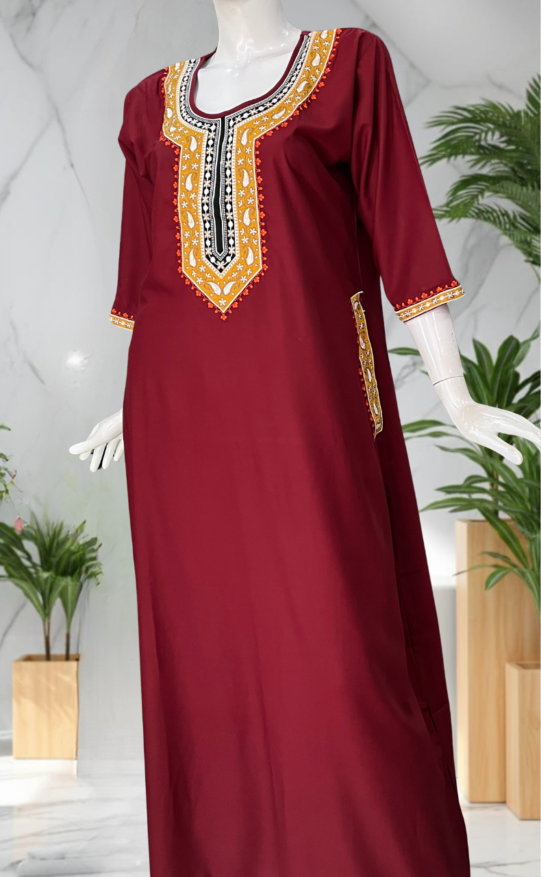 Maroon Embroidery Soft Cotton Long Sleeve Nighty. Soft Breathable Fabric | Laces and Frills