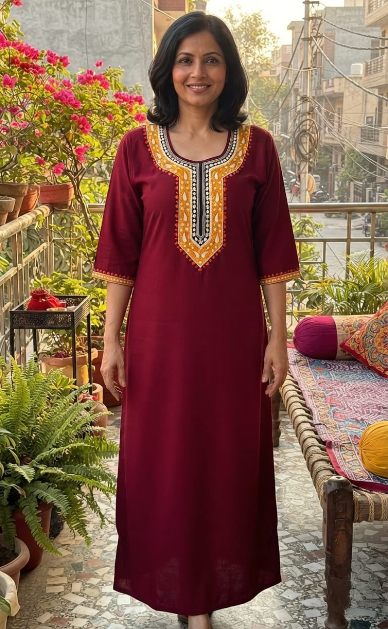 Maroon Embroidery Soft Cotton Long Sleeve Nighty. Soft Breathable Fabric | Laces and Frills - Laces and Frills