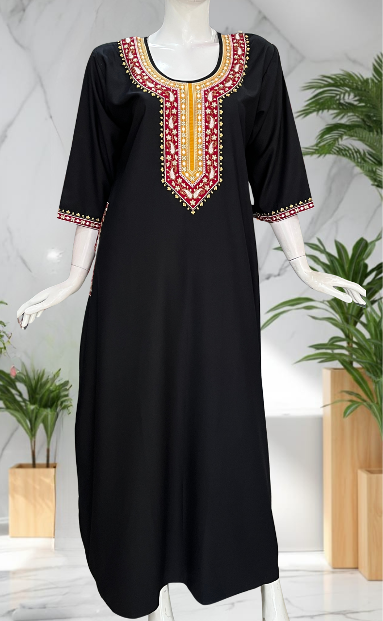 Black Embroidery Soft Cotton Long Sleeve Nighty. Soft Breathable Fabric | Laces and Frills