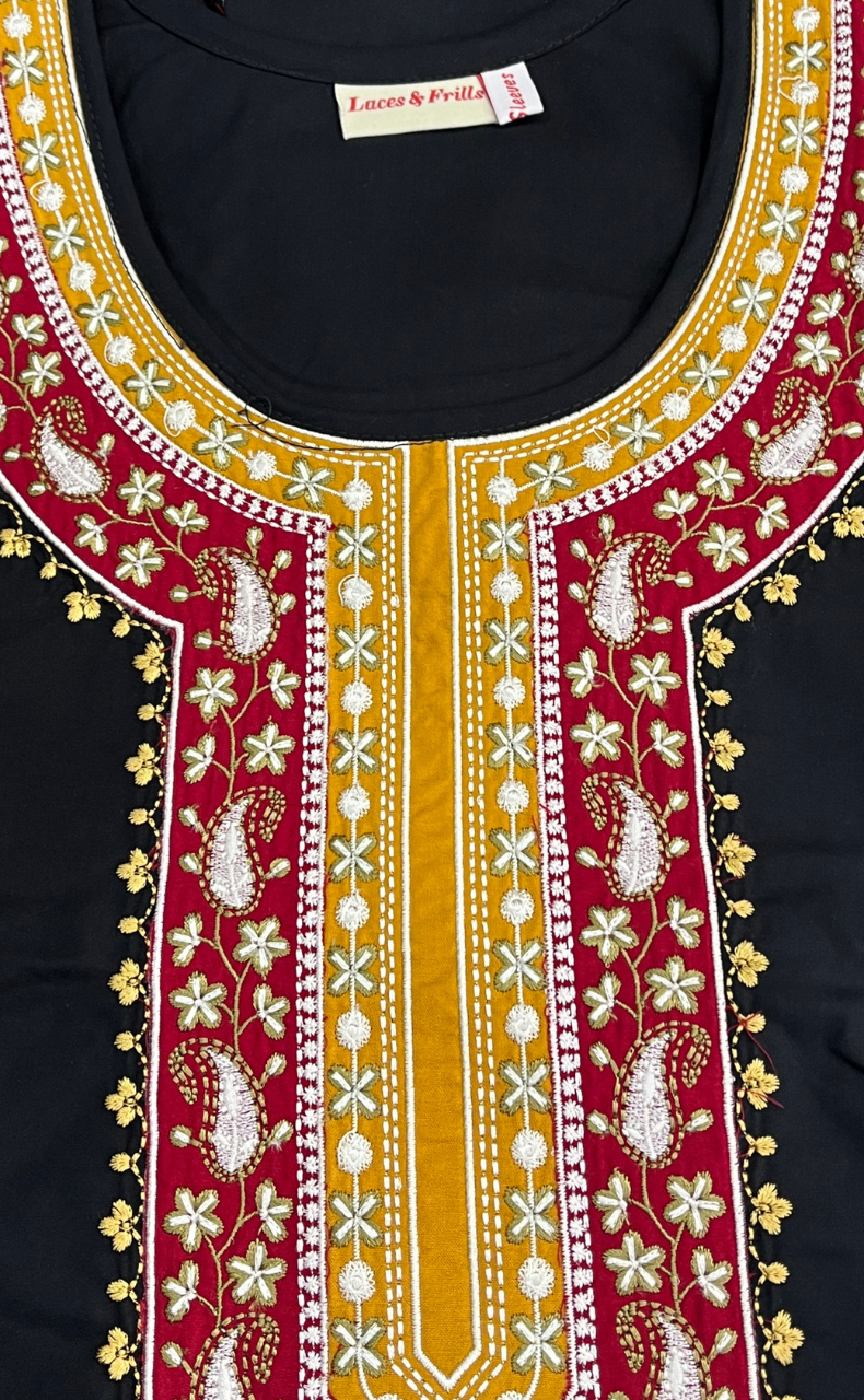 Black Embroidery Soft Cotton Long Sleeve Nighty. Soft Breathable Fabric | Laces and Frills