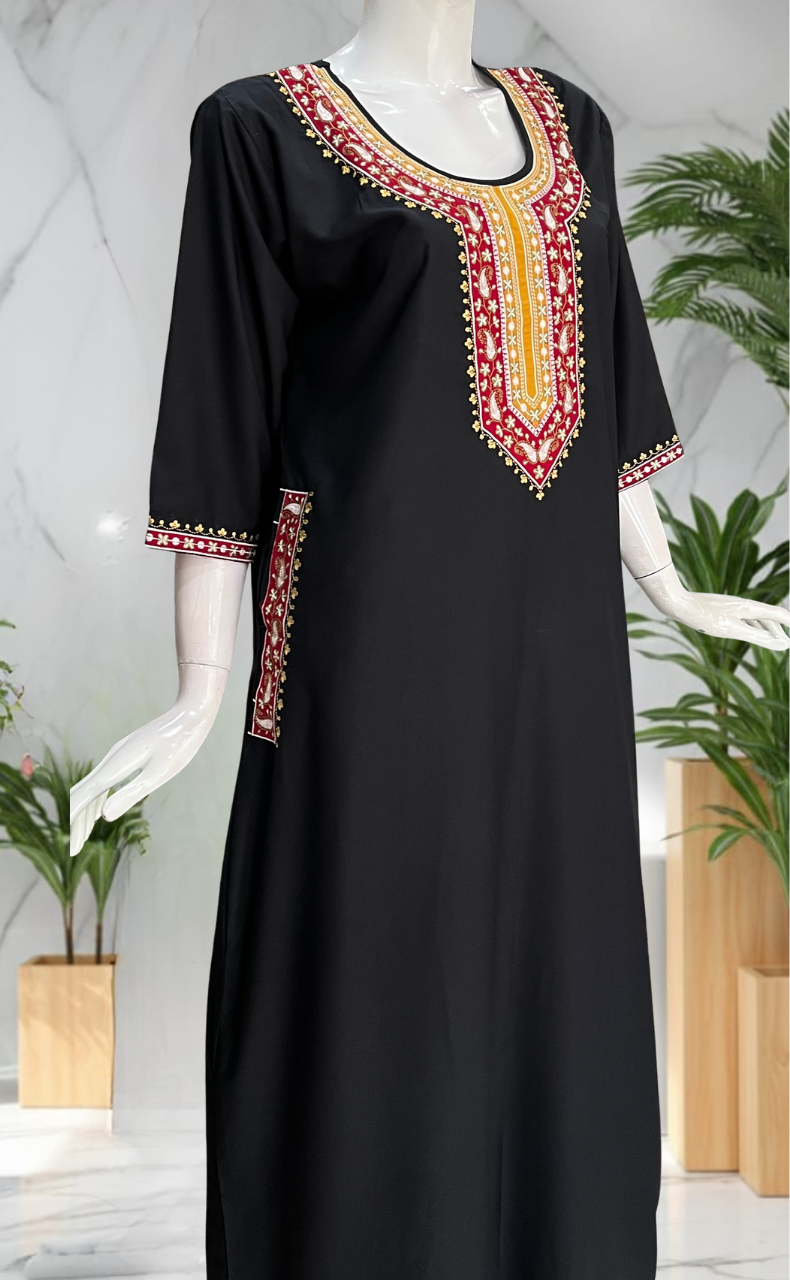 Black Embroidery Soft Cotton Long Sleeve Nighty. Soft Breathable Fabric | Laces and Frills