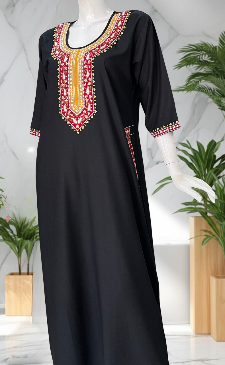 Black Embroidery Soft Cotton Long Sleeve Nighty. Soft Breathable Fabric | Laces and Frills