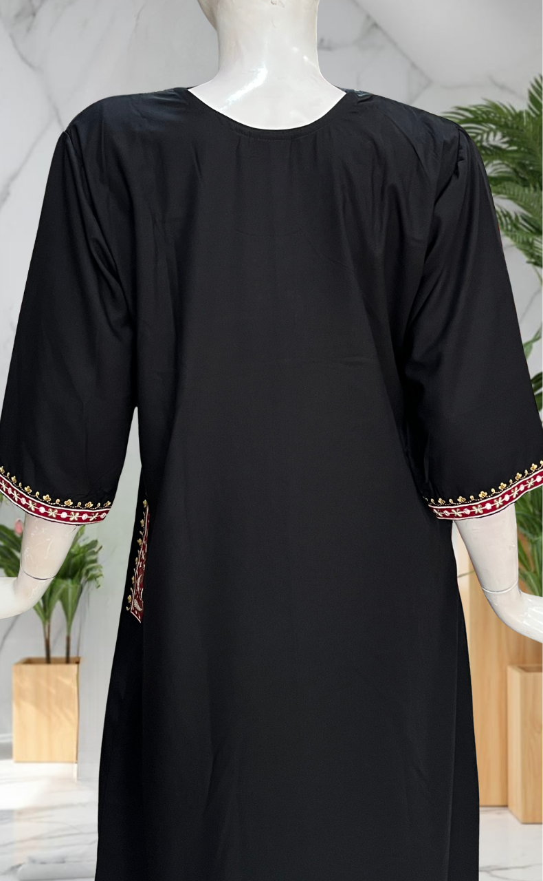 Black Embroidery Soft Cotton Long Sleeve Nighty. Soft Breathable Fabric | Laces and Frills