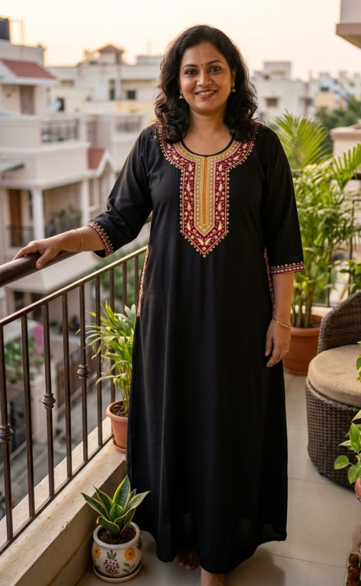 Black Embroidery Soft Cotton Long Sleeve Nighty. Soft Breathable Fabric | Laces and Frills - Laces and Frills