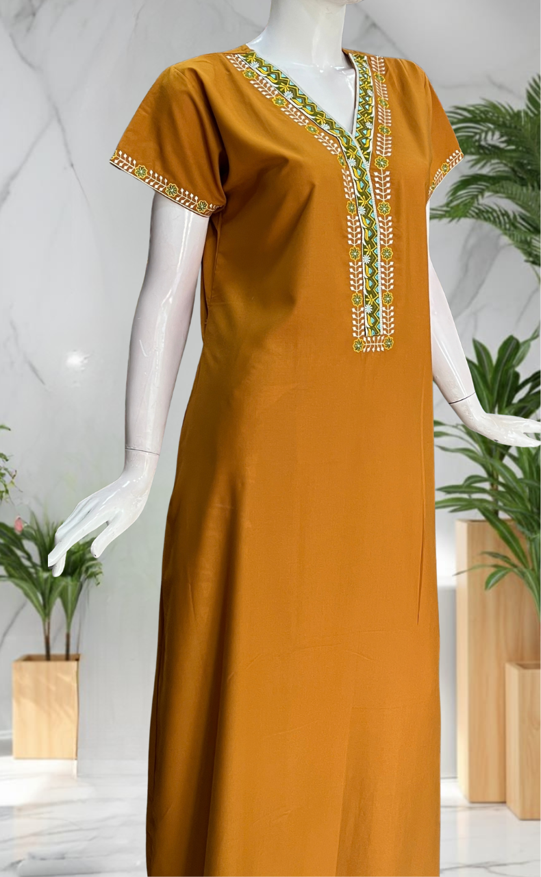 Yellow Zeenet Embroidery Soft Cotton Nighty. Soft Breathable Fabric | Laces and Frills