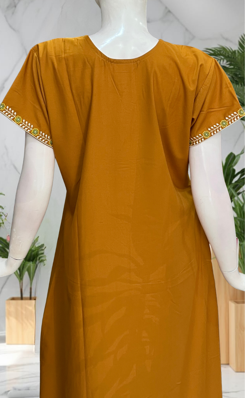 Yellow Zeenet Embroidery Soft Cotton Nighty. Soft Breathable Fabric | Laces and Frills