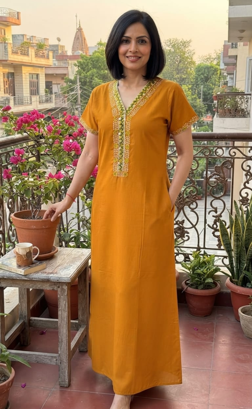 Yellow Zeenet Embroidery Soft Cotton Nighty. Soft Breathable Fabric | Laces and Frills - Laces and Frills